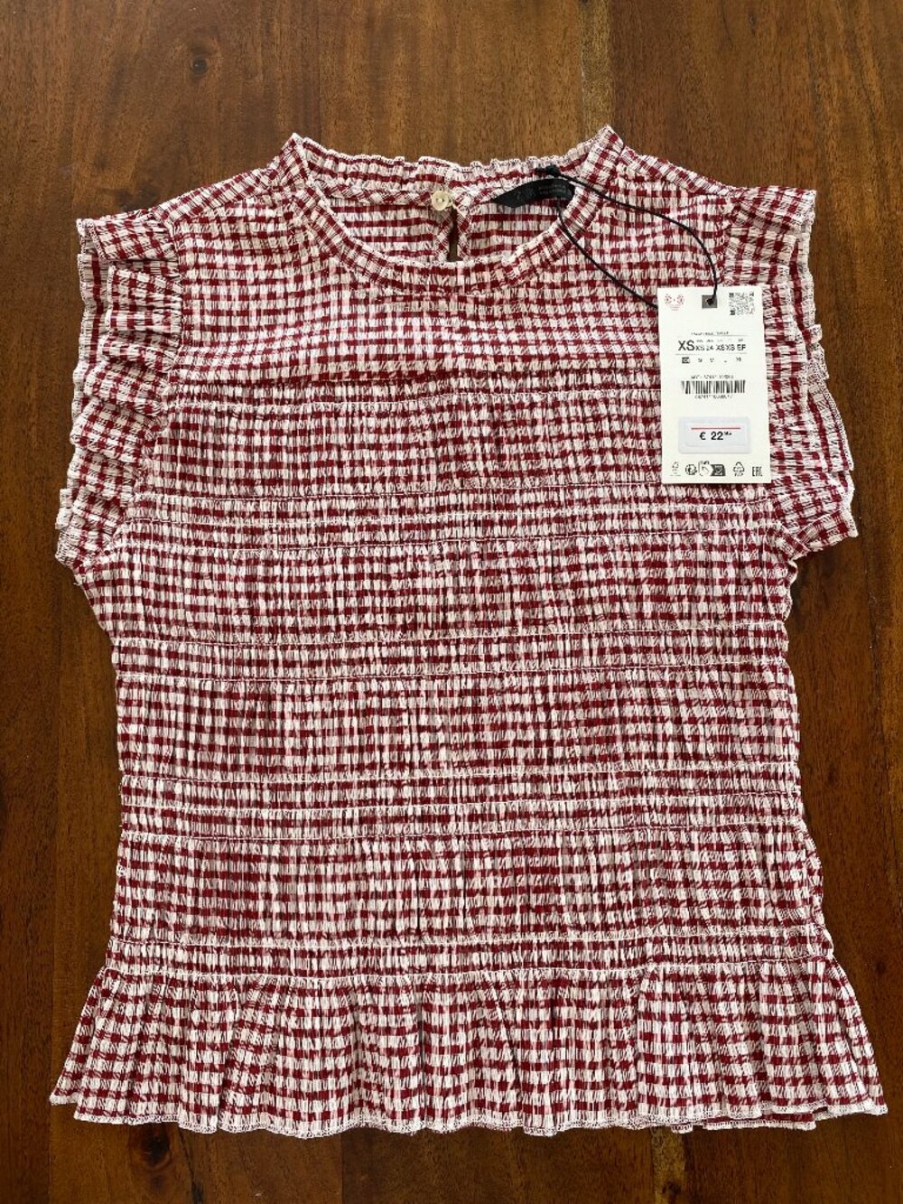 NWT Zara Maroon & Cream Gingham Smocked Ruffle Sleeve Blouse XS